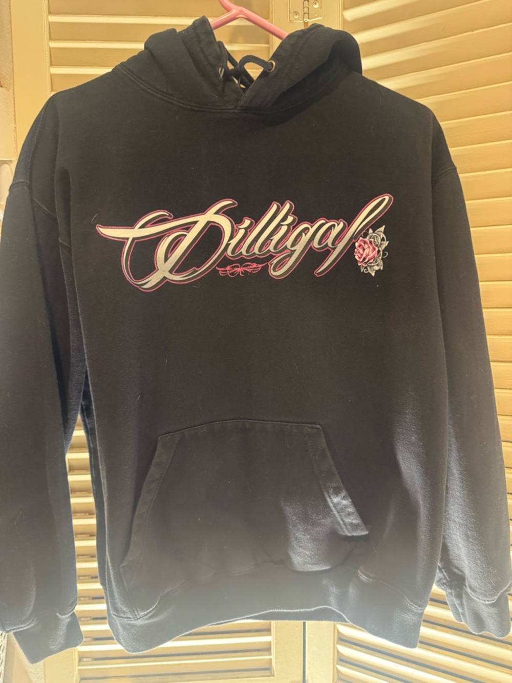 Black Hoodie with Script Logo and Rose